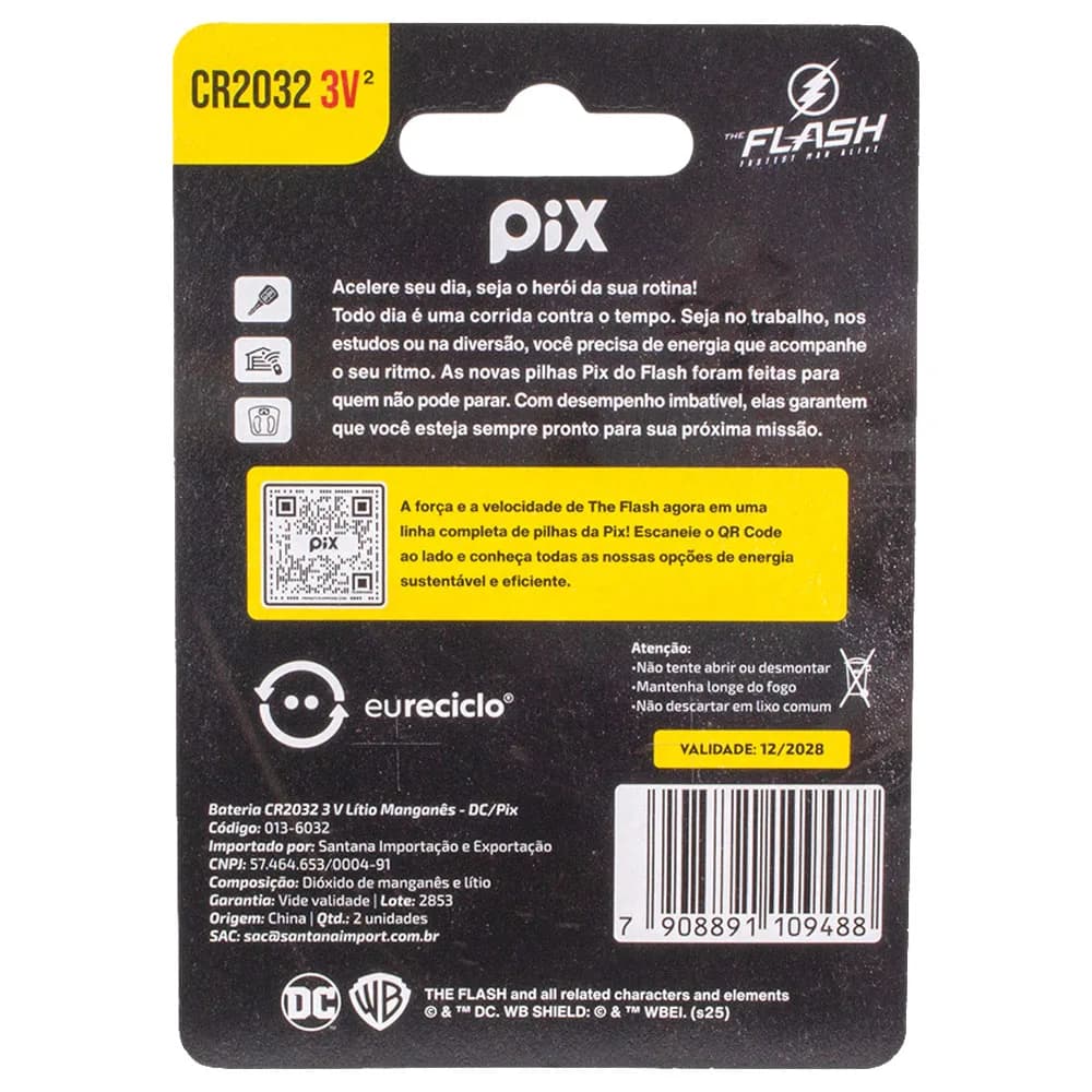 BATERIA CR2032 3V LITIO MANGANES BLISTER C/ 2 PECAS PIX - 013-6032