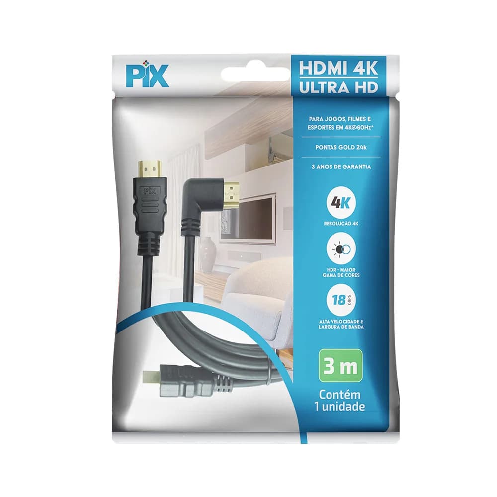 Cabo HDMI 2.0 4K HDR 19P 3M 90 Graus PIX - 018-3323