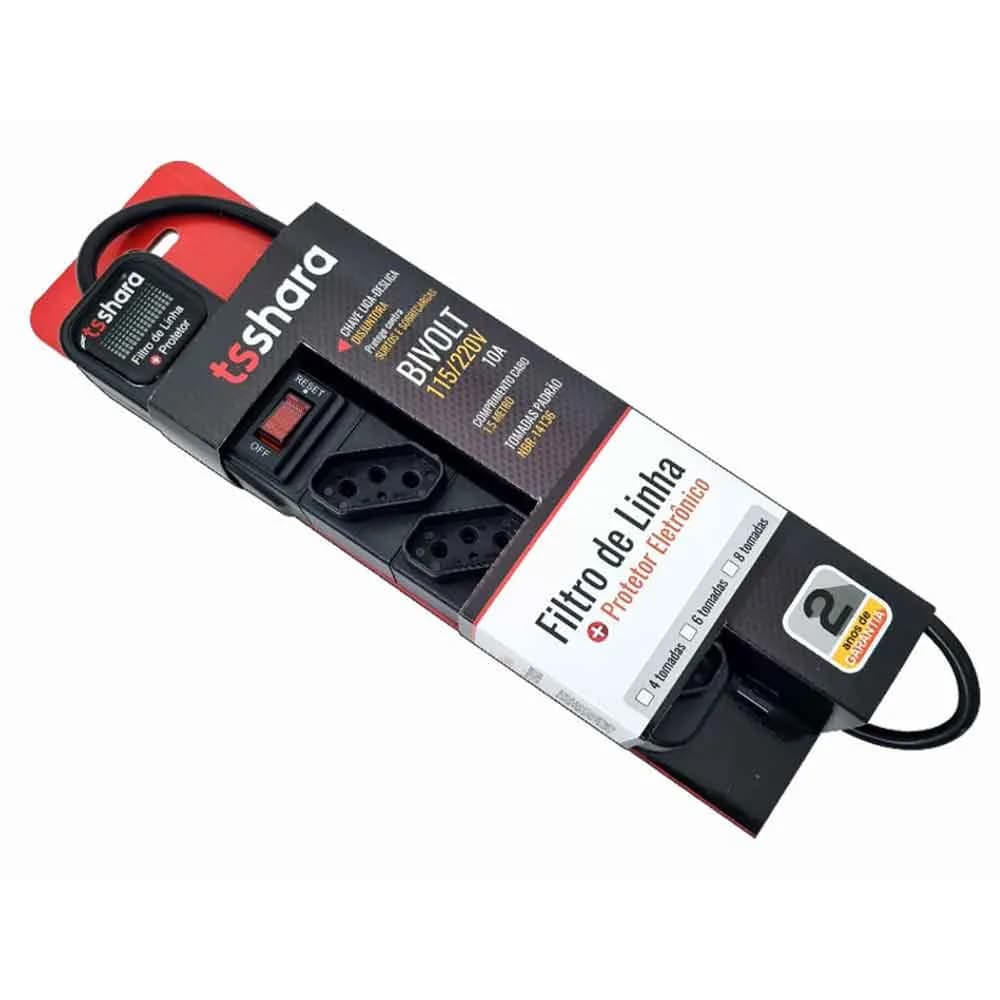 FILTRO DE LINHA TS SHARA + PROTETOR 4 TOMADAS BIVOLT CABO 1,5M PRETO - 552