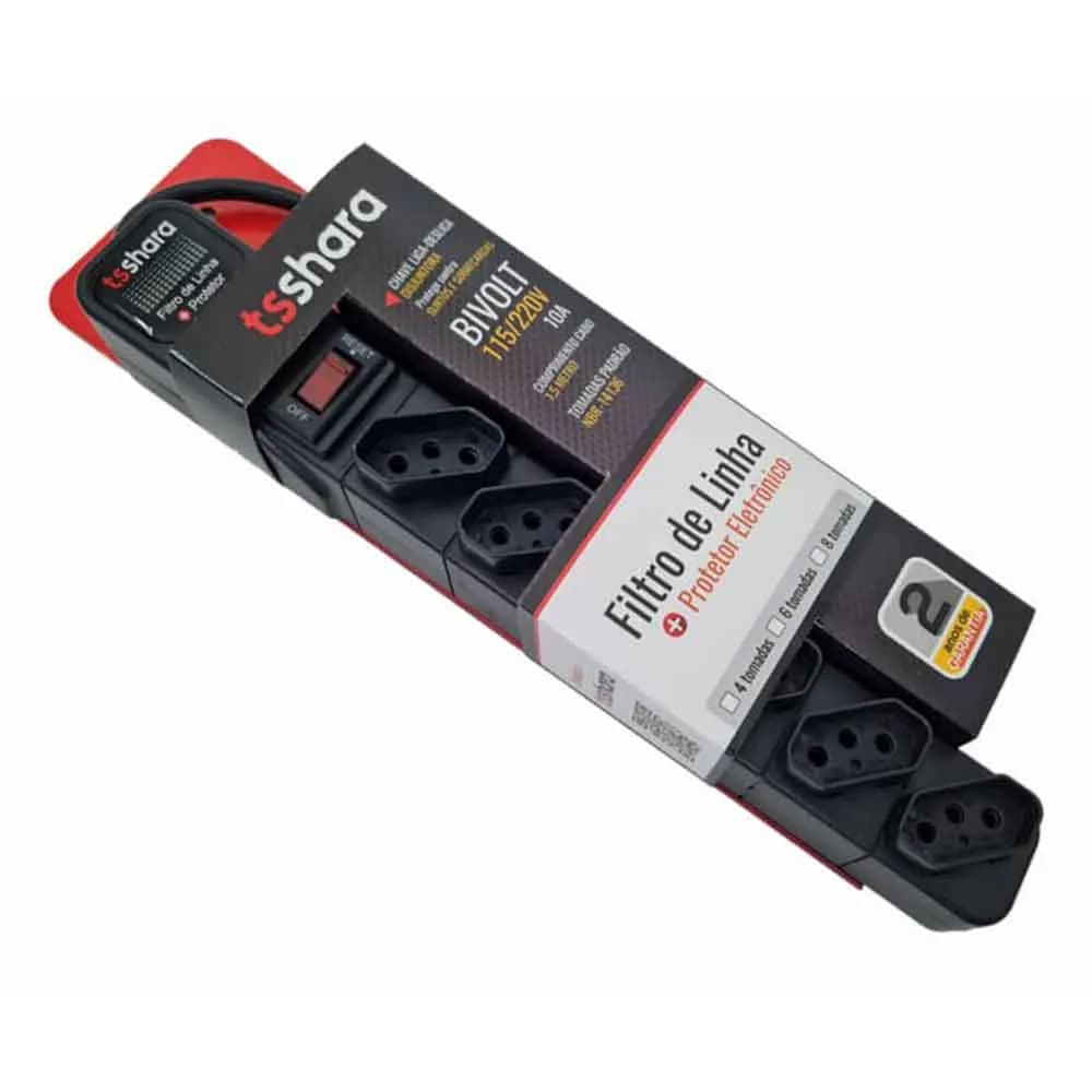 FILTRO DE LINHA TS SHARA + PROTETOR 6 TOMADAS BIVOLT CABO 1,5M PRETO - 554