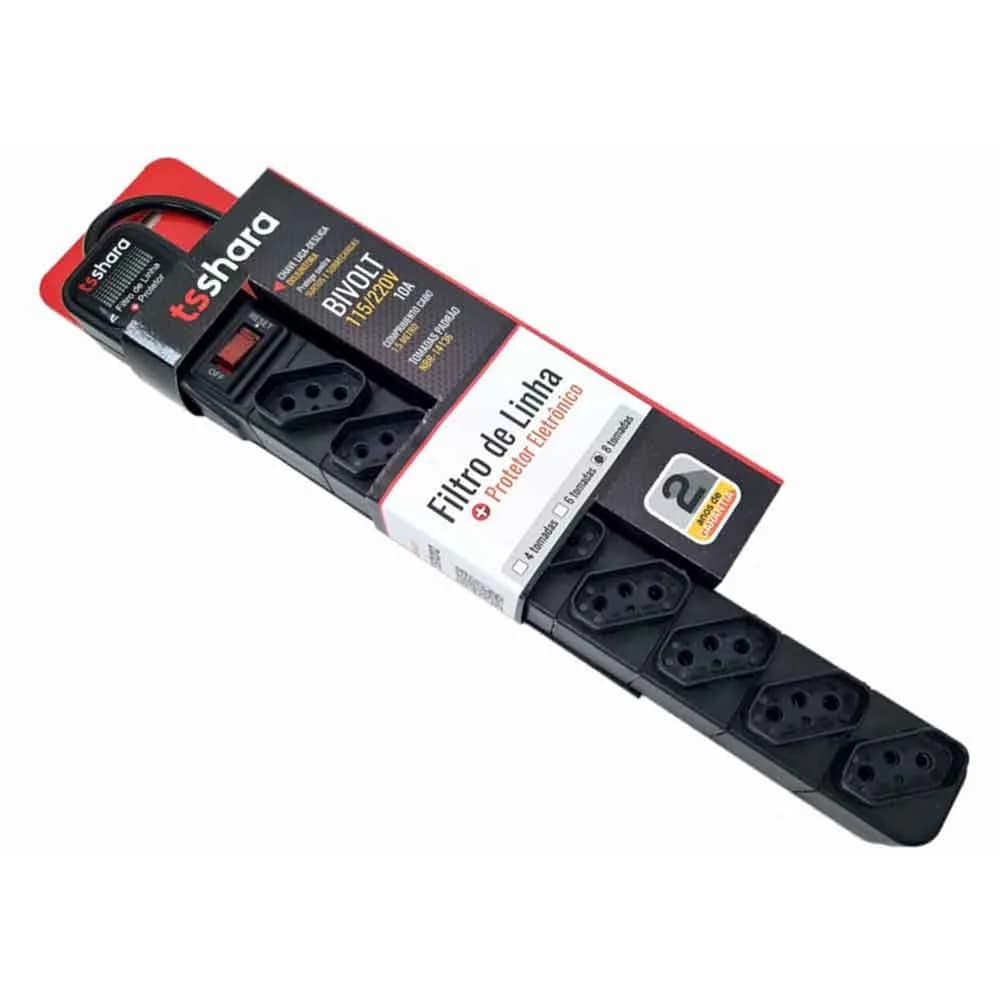 FILTRO DE LINHA TS SHARA + PROTETOR 8 TOMADAS BIVOLT CABO 1,5M PRETO - 556