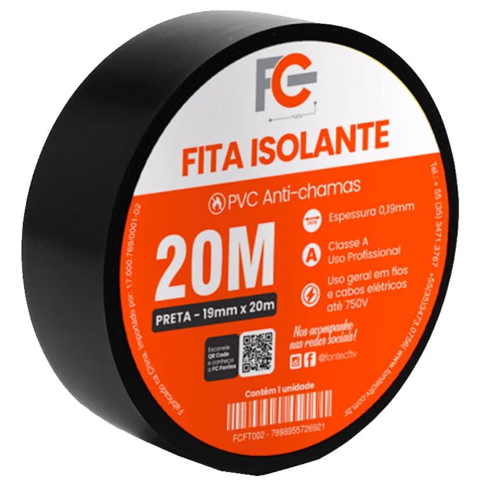 Fita Isolante Profissional Anti Chamas 20M FCFT002 FC Fontes