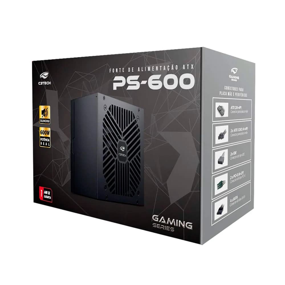 FONTE DE ALIMENTACAO C3TECH 600W ATX PS-600BK PRETO