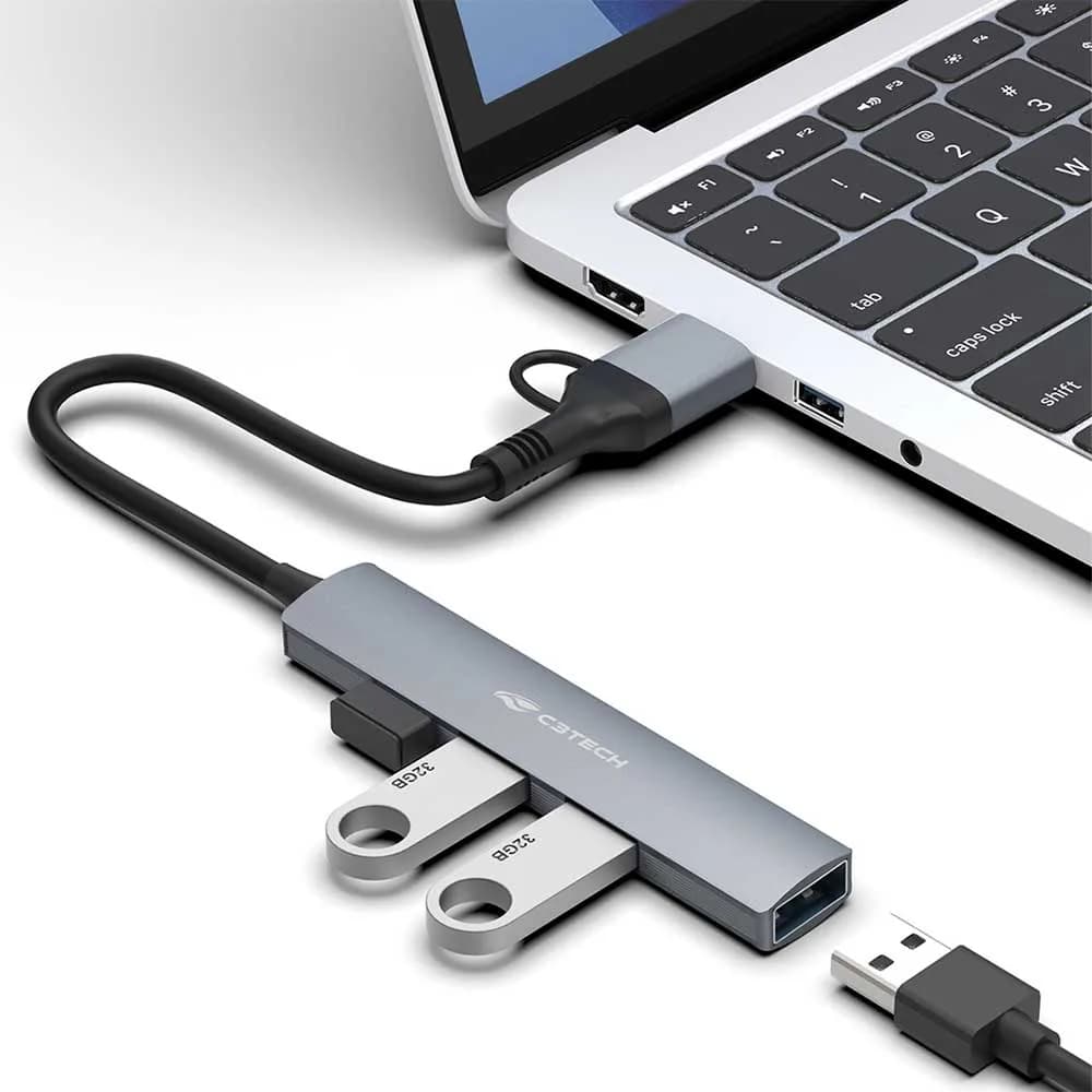 HUB USB C3TECH 3.0 4 PORTAS COM CONECTOR ALTERNAVEL HU-C500GY CINZA