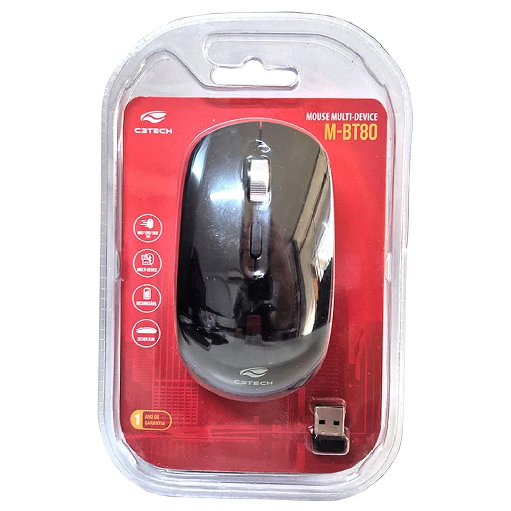 MOUSE C3TECH SEM FIO RECARREGAVEL BLUETOOTH E RECEPTOR M-BT80BK