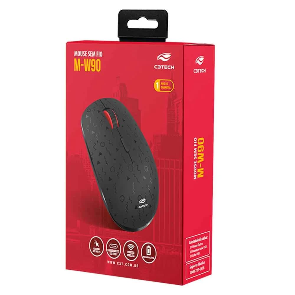 MOUSE C3TECH SEM FIO RECARREGAVEL M-W90BK PRETO