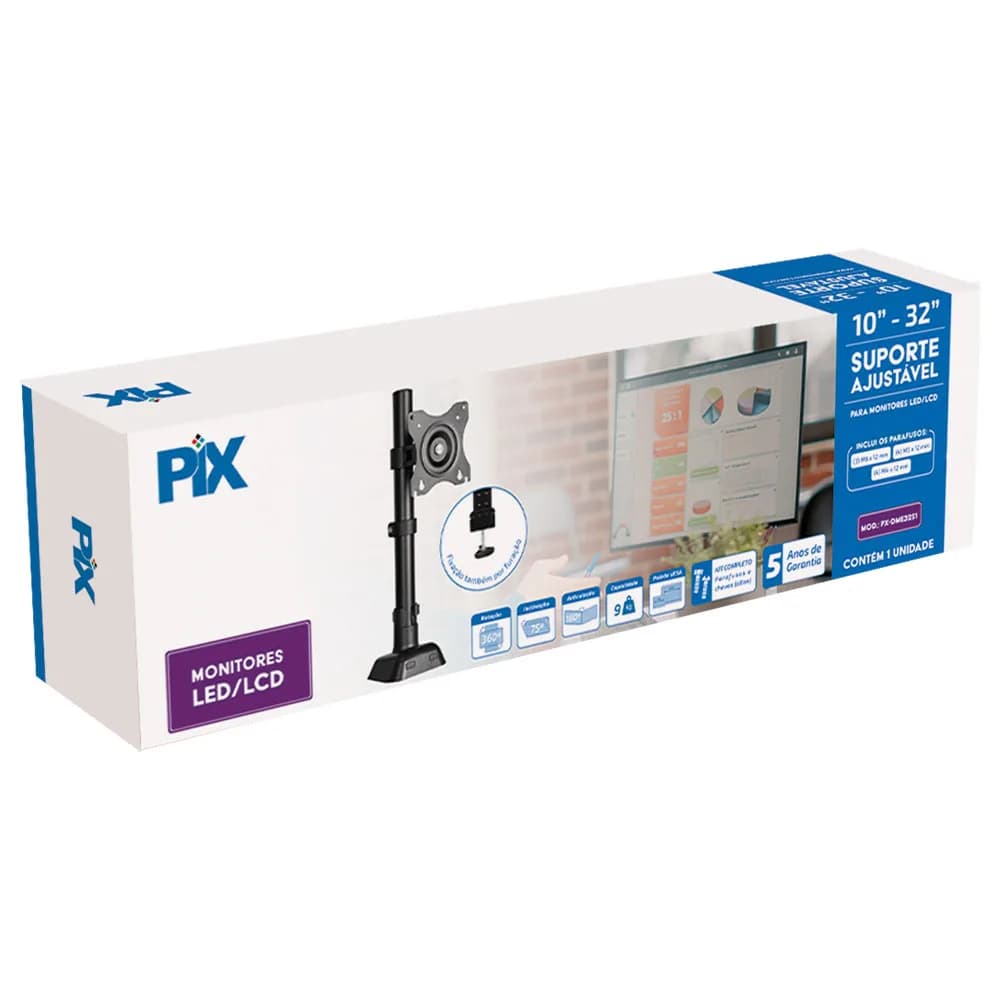 SUPORTE MONITOR AJUSTAVEL PARA 1 MONITOR 10" A 32" PIX - 079-0073