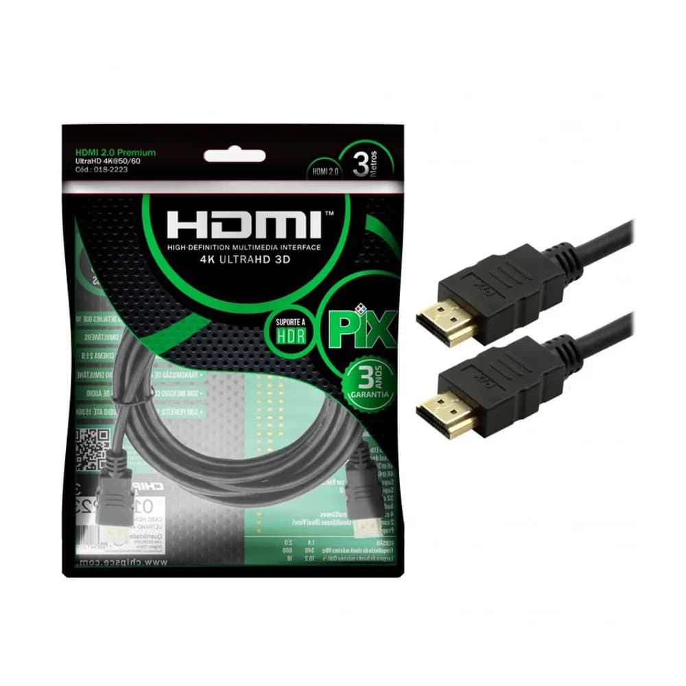 Cabo HDMI 2.0 19P Gold 3MTS Preto PIX - 018-2223