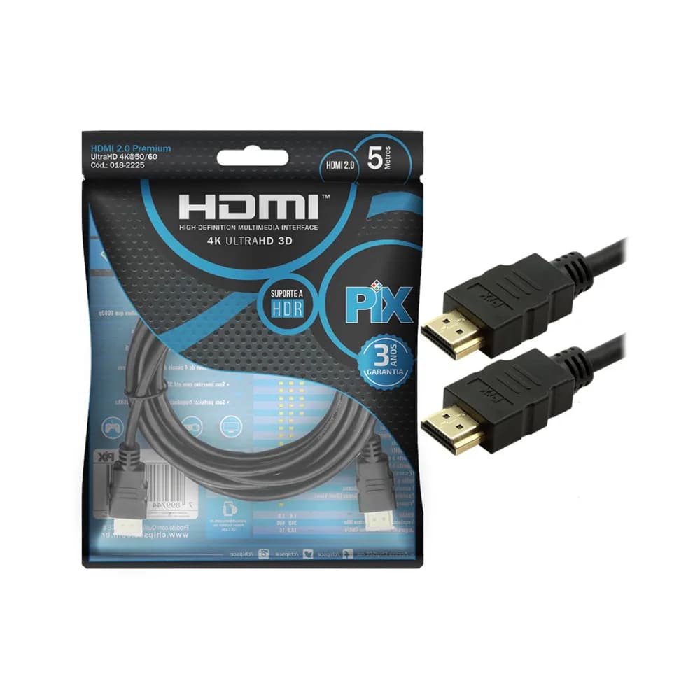 Cabo HDMI 2.0 19P Gold 5MTS Preto PIX- 018-2225