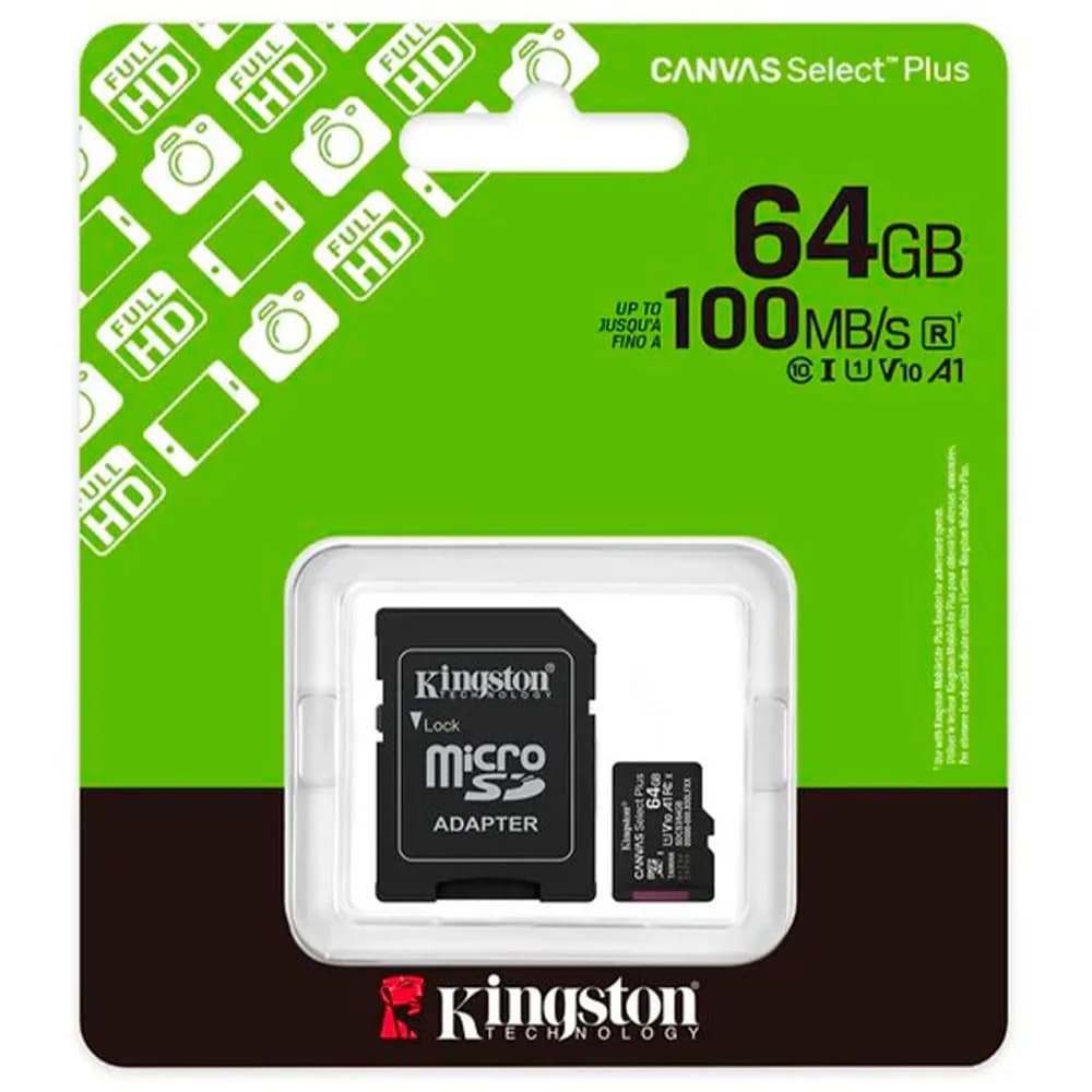 Cartão de Memória SD Kingston Canvas Select Plus Class 10UHS-I 64GB Micro+Adaptador - SDCS3/64GB