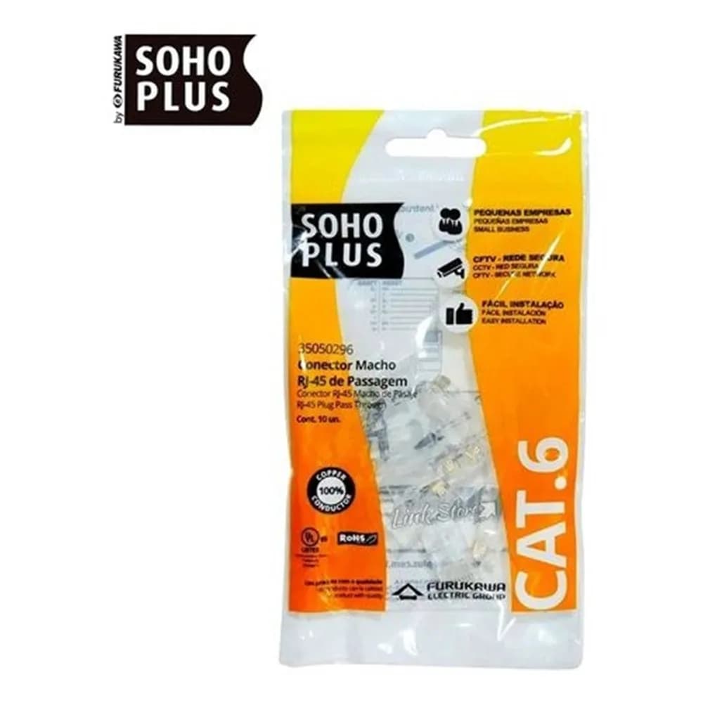 Conector Macho RJ45 de Passagem Furukawa Sohoplus CAT6 para Cabo Sólido e Flexível PCT 10 UNI