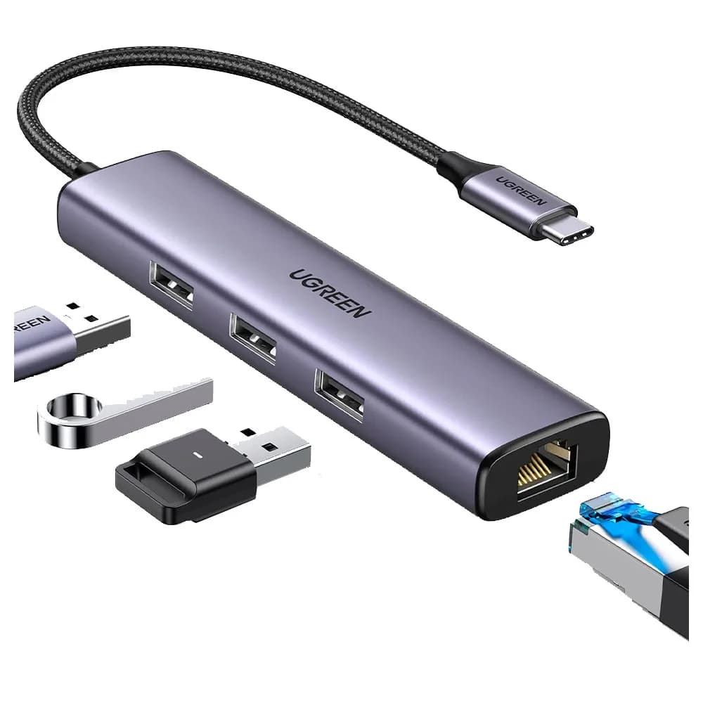 Hub USB Ugreen 4 em 1 USB-C com 3 Portas USB-a 3.0 e RJ45 - CM475