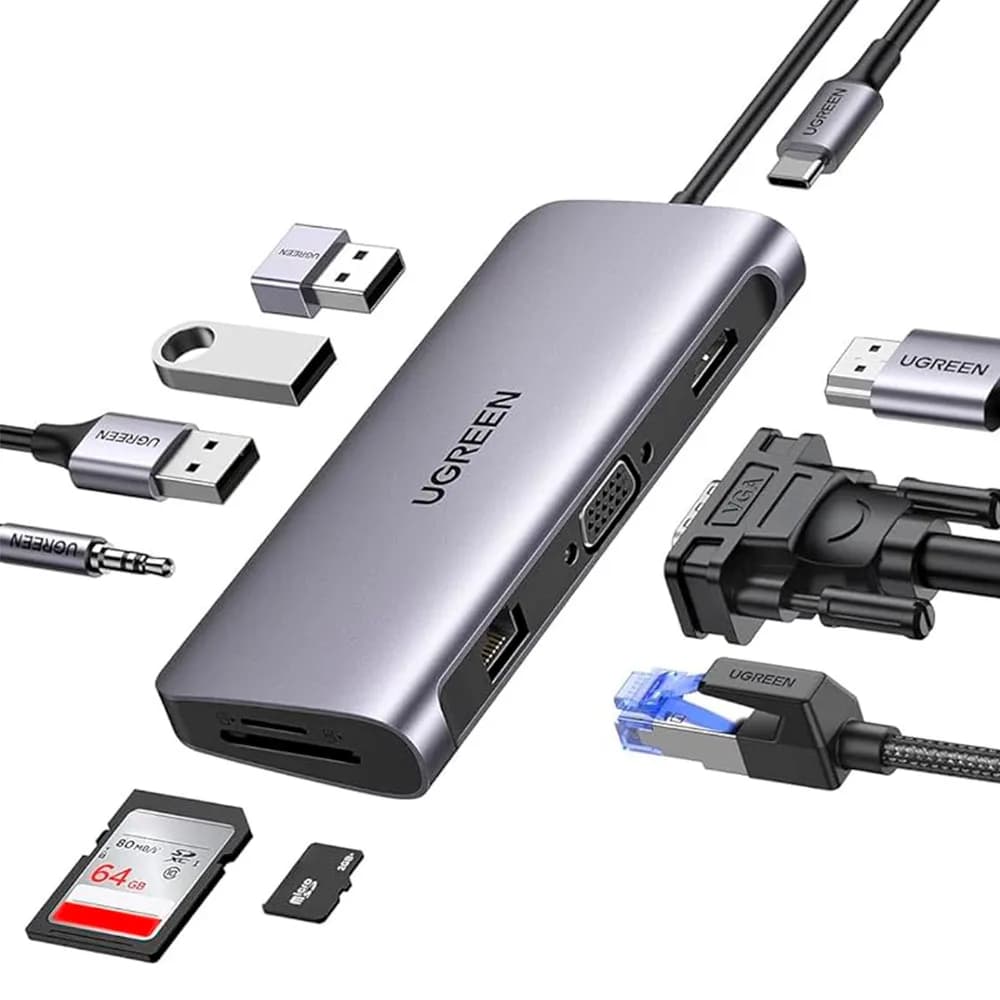 Hub USB Ugreen com RJ45 GIGA/HDMI/3P USB-a 3.0/SD/TF/VGA/P2/USB-C 100W - CM498