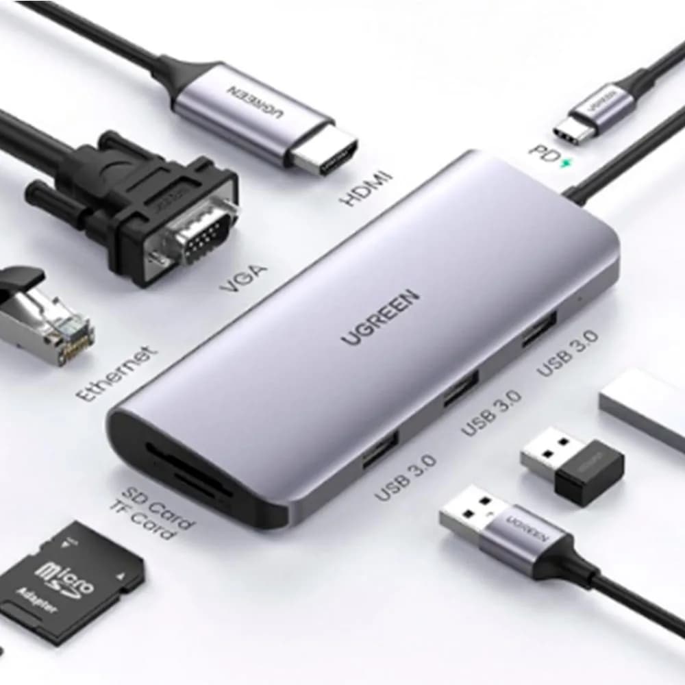 Hub USB Ugreen com RJ45 GIGA/HDMI/3P USB-a 3.0/SD/TF/VGA/USB-C 100W - CM498
