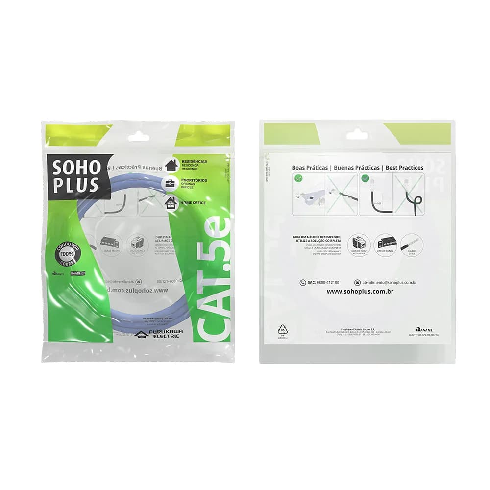 Patch Cord U/UTP Furukawa Sohoplus CAT5E CMX T568A/B 2.5M Azul Claro Certificado