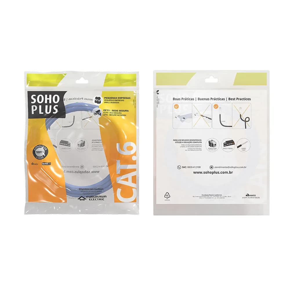 Patch Cord U/UTP Furukawa Sohoplus CAT6 CMX T568A/B 2.5M Azul Claro Certificado