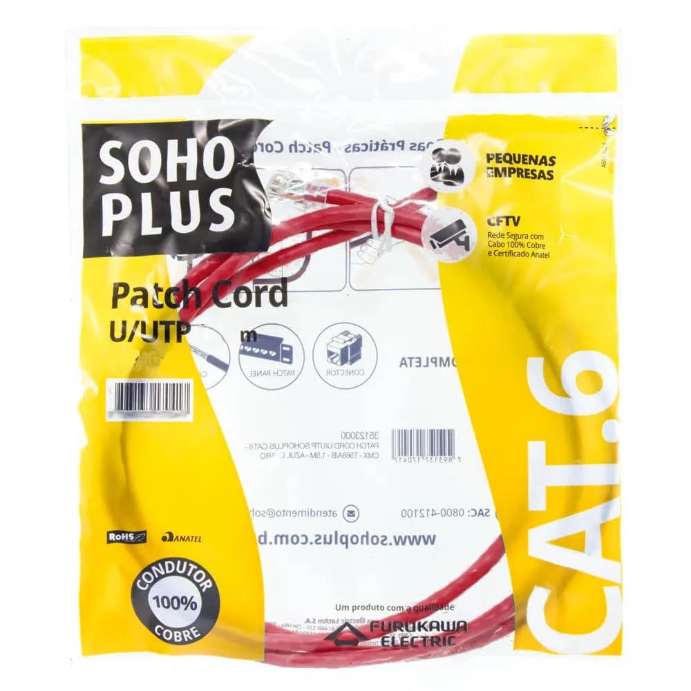 Patch Cord U/UTP Furukawa Sohoplus CAT6 CMX T568A/B 2.5M Vermelho Certificado