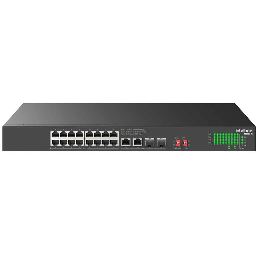 Switch Intelbras 16 Portas Gigabit PoE 220W Mais 2 Portas Gigabit e 2 Portas SFP S1120G-PA - 4760131