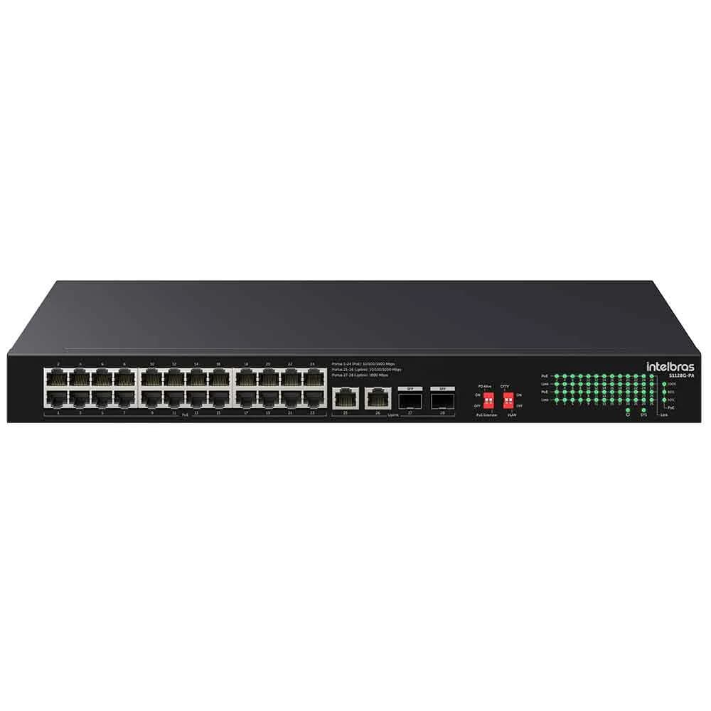Switch Intelbras 24 Portas Gigabit PoE 246W Mais 2 Portas Gigabit e 2 Portas SFP S1128G-PA - 4760127